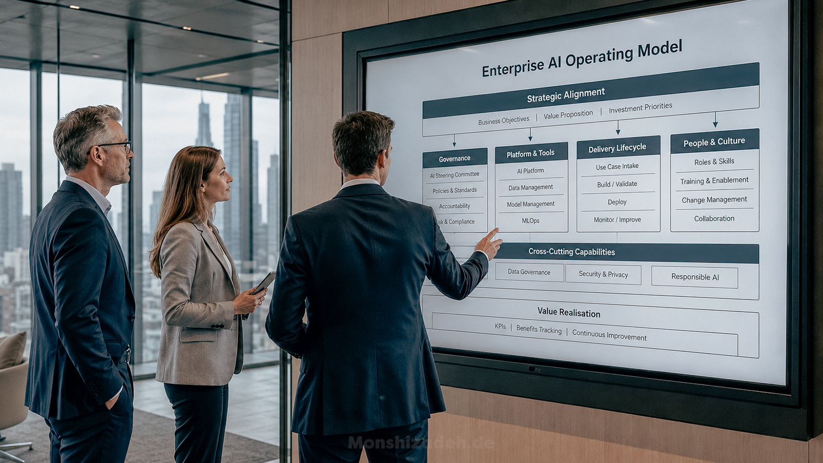 Executive team designing an enterprise AI operating model with shared governance, platform and delivery standards in a European bank