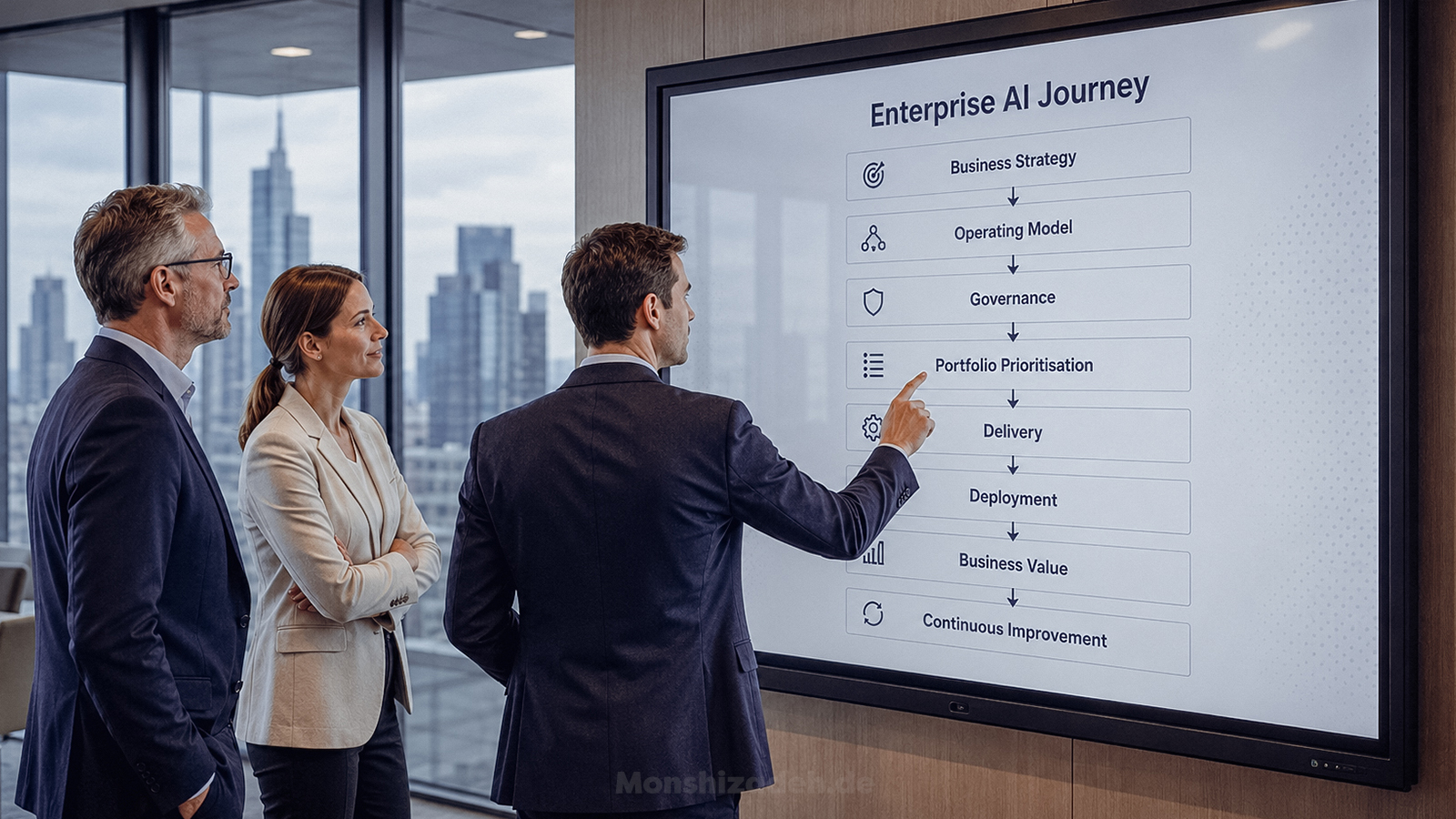 Enterprise AI blueprint replacing five fragmented departmental AI initiatives with a shared platform, governance and steering committee