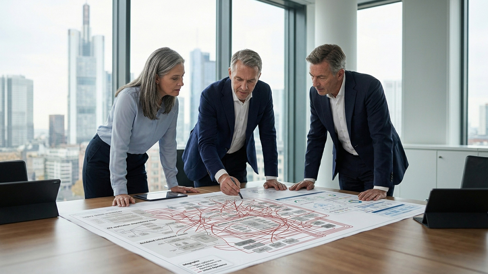 A senior technology executive in a European bank's operations centre, with fading legacy architecture diagrams on one side and a modern cloud-native, AI-governed platform on the other, symbolising the hidden cost of technical debt