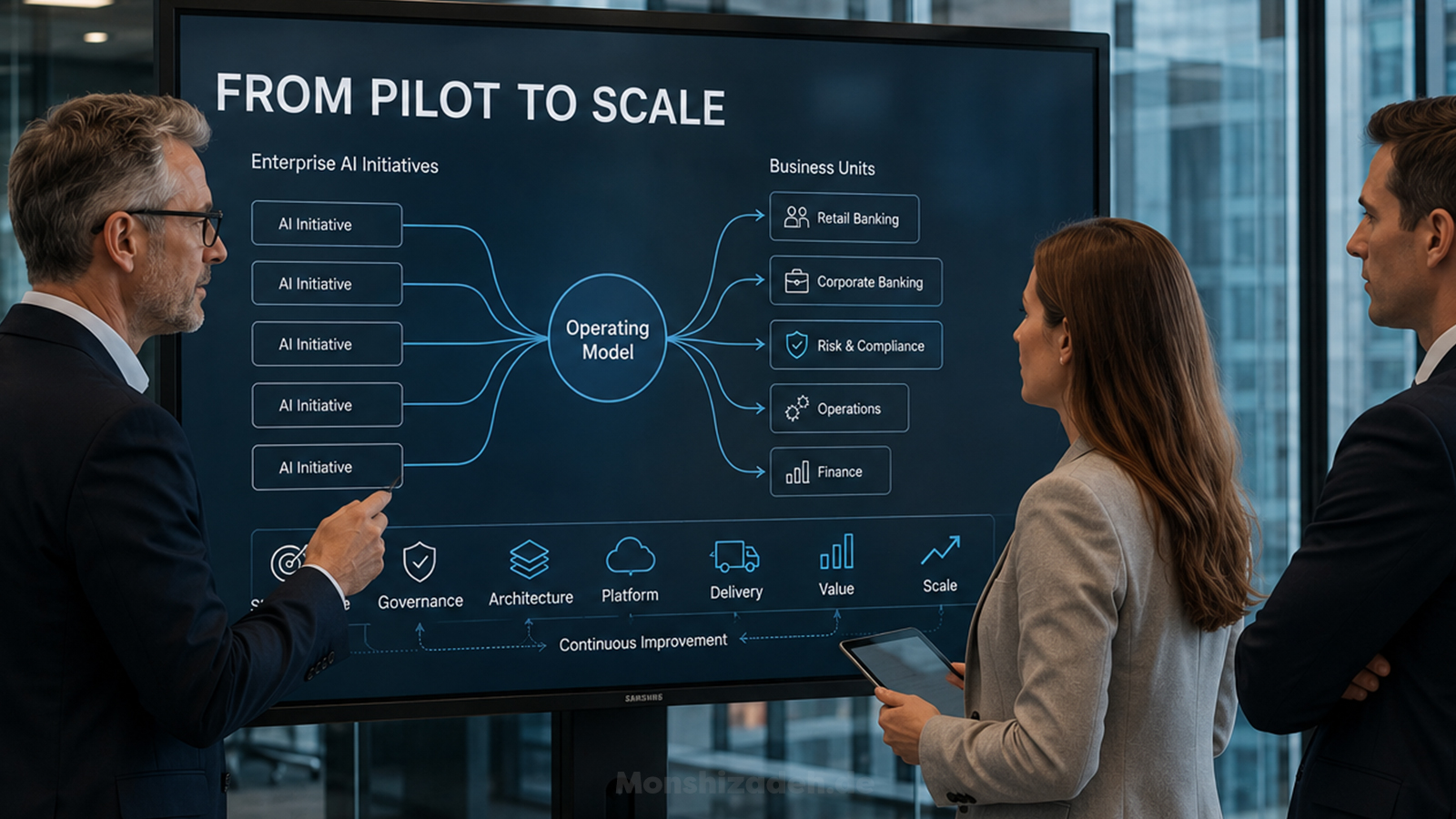 Three executives in a European banking headquarters before a display reading From Pilot to Scale, with AI initiatives branching into business units