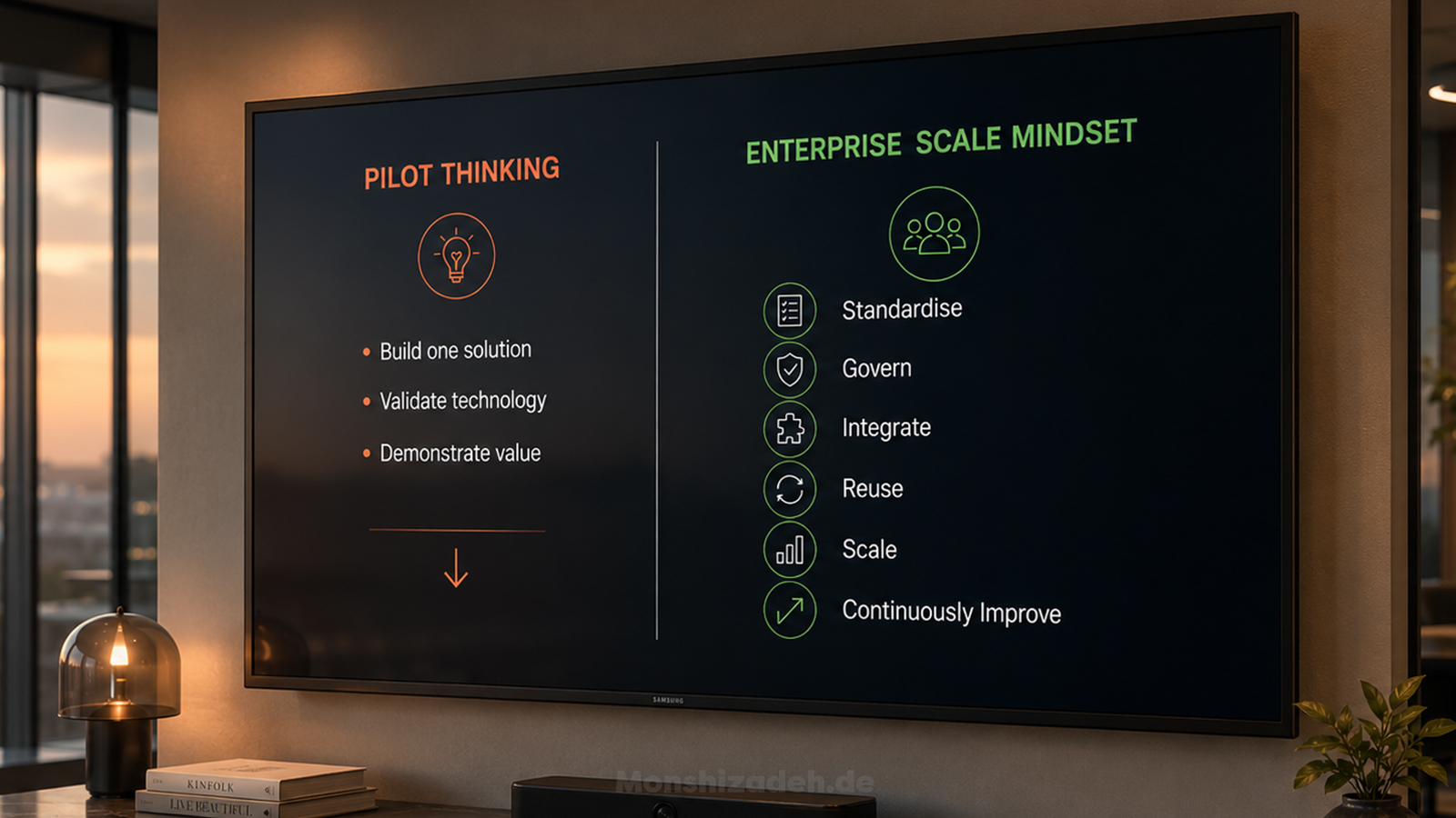 Enterprise scale mindset: moving from build-one-solution pilot thinking to standardise, govern, integrate, reuse, scale and continuously improve