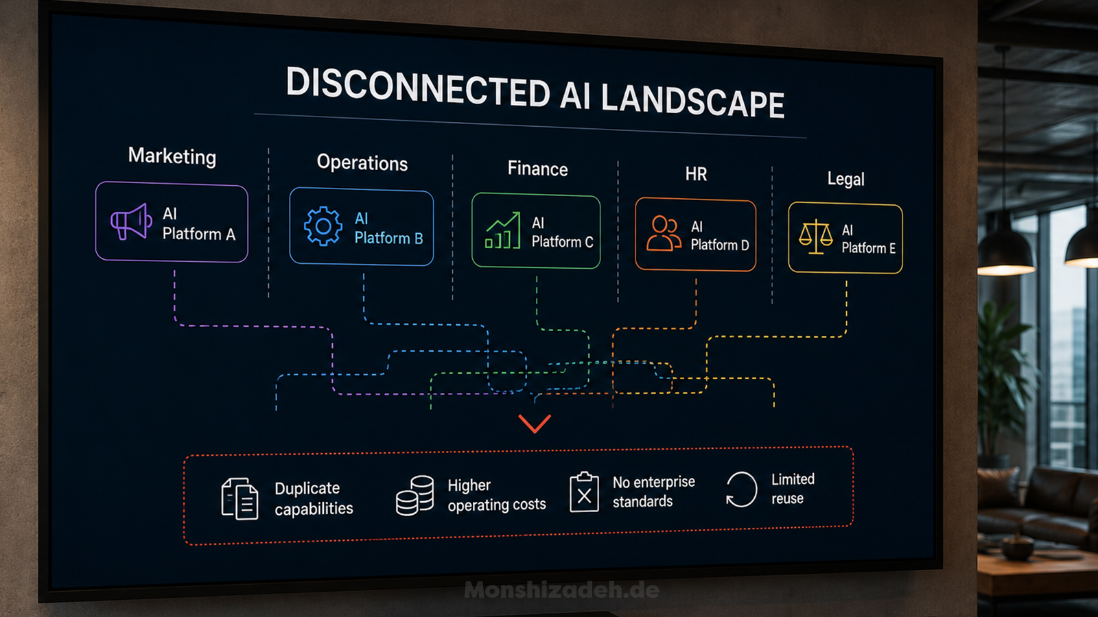 Disconnected AI landscape: five departments each adopt a different AI platform, producing duplicate capabilities, higher cost, no standards and limited reuse